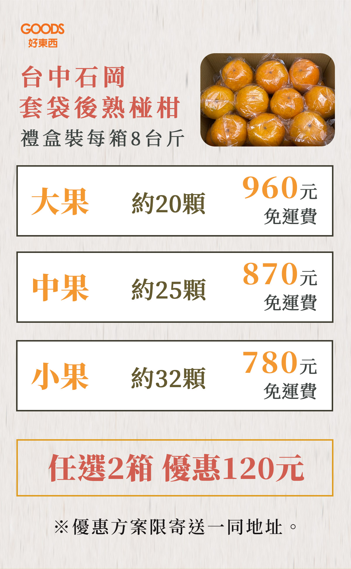 台中石岡套袋後熟椪柑價目表 1箱免運費 2箱優惠120元