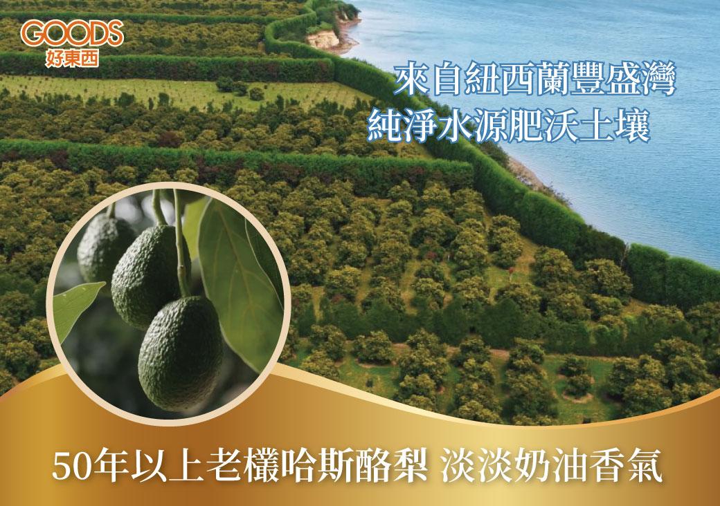 來自紐西蘭豐盛灣純淨水源肥沃土壤，取自50年以上老欉哈斯酪梨