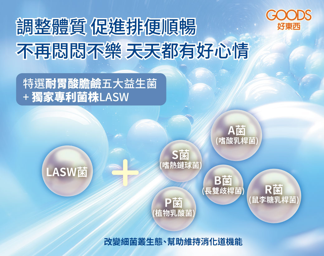 特選耐胃酸膽鹼A、B、R、S、P五大菌株+獨家專利菌株著ASW，可抑制沙門氏菌，使排便順暢